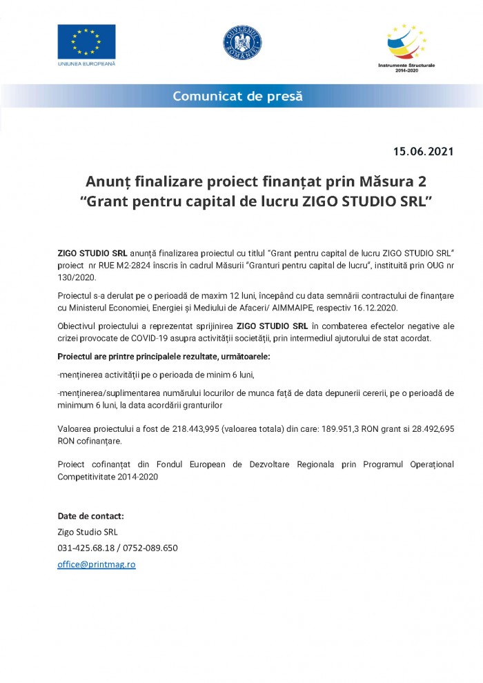 Anunt - Comunicat de presa Finalizare proiect